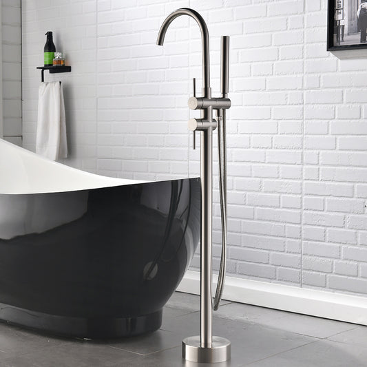 Single Handle Freestanding Tub Filler Floor Mount Bathtub Faucet with Handheld Shower (Brushed Nickel)