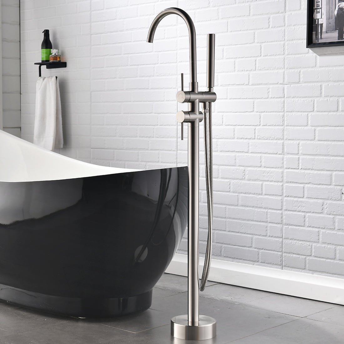 Single Handle Freestanding Tub Filler Floor Mount Bathtub Faucet with Handheld Shower (Brushed Nickel)