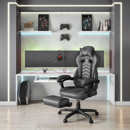 Gaming Racing Style Fully Reclining Executive Office Chair with Footrest, Black & Grey
