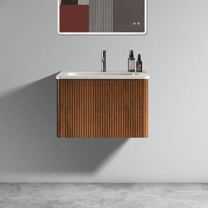 U046-Etna24W-305 Etna 24' Striped Walnut Bathroom Vanity with White Ceramic Sink, Wall Mounted Floating Bathroom Vanity for Modern Bathroom, Pre-assembled