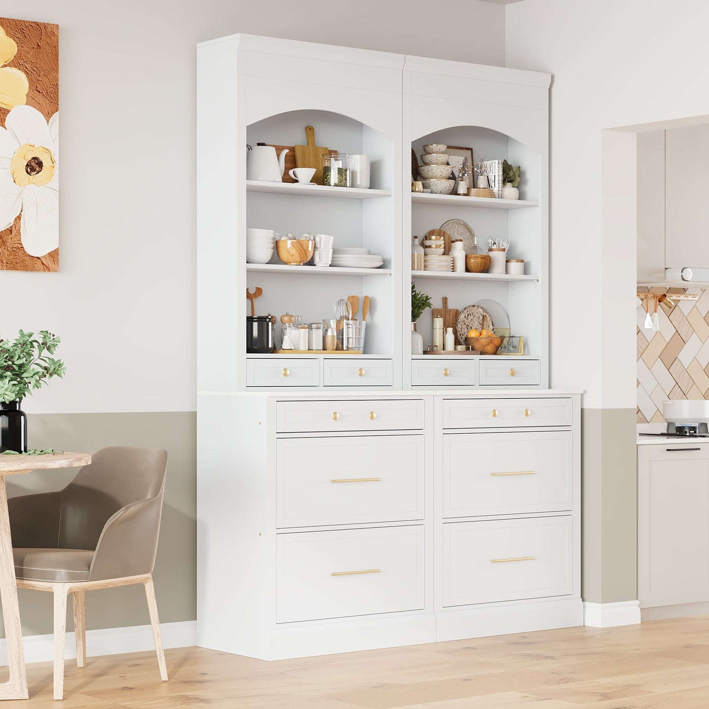 [Assembly Video Provided] TOPMAX Modern 83.7inch High Kitchen Pantry, Freestanding Tall Kitchen Hutch with Faux Marble Top,Cupboard Cabinet with 5 Storage Drawers and Adjustable Shelf, Set of 2, White