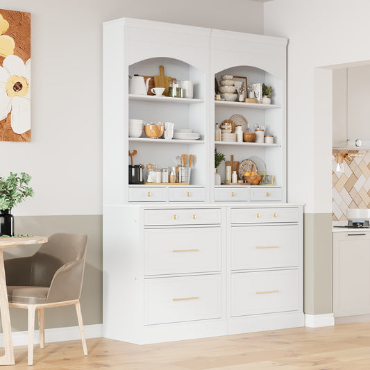 [Assembly Video Provided] TOPMAX Modern 83.7inch High Kitchen Pantry, Freestanding Tall Kitchen Hutch with Faux Marble Top,Cupboard Cabinet with 5 Storage Drawers and Adjustable Shelf, Set of 2, White