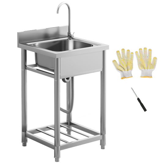 HOMCOM Outdoor Utility Sink, Deep Stainless Steel Sink, Free Standing Single Bowl Kitchen Sink with Cold and Hot Water Pipe and Storage Shelf for Laundry Garage, 22 Inch