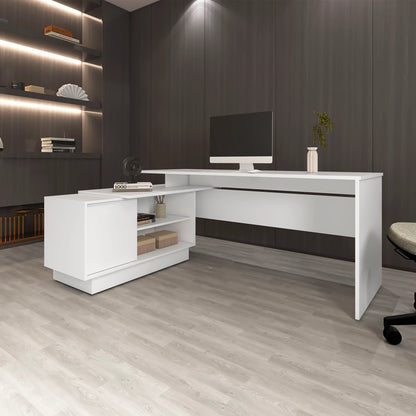 White L-Shaped Desk with 1 Door and 5 Shelf