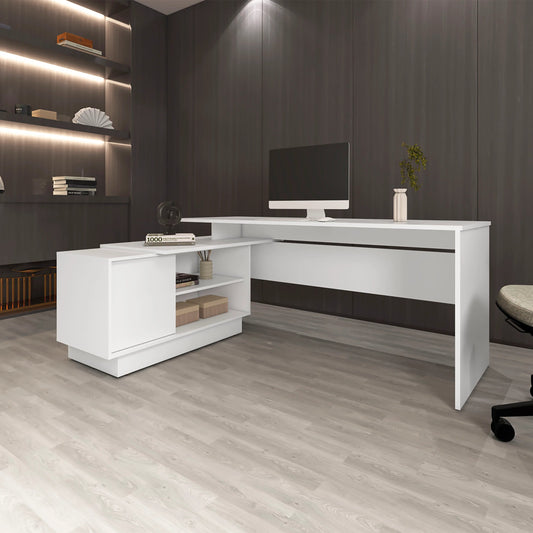 White L-Shaped Desk with 1 Door and 5 Shelf