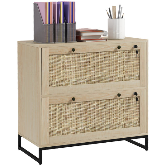 Vinsetto 2 Drawer File Cabinet with Lock, Vertical Filing Cabinet with Keys, Rattan Drawers and Adjustable Hanging Bar for Letter, A4 and Legal Size Paper, Natural