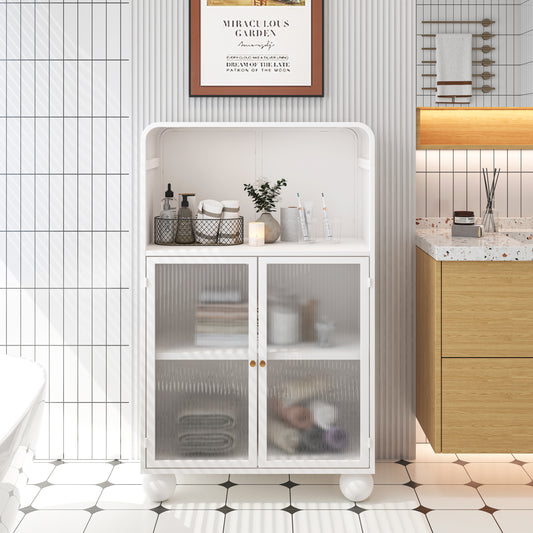 45.28' H Storage Cabinet, Bathroom Floor Cabinet with Glass Door and Shelves,  Freestanding Display Storage Cabinet for Bathroom, Living Room, Kitchen, Home Office,White