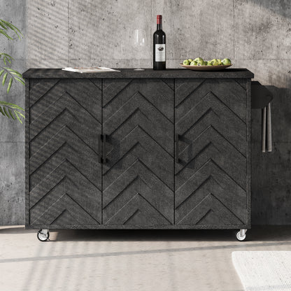 K&K 51.2'W 3D Wave Stripes Ash Veneer (Not Cheap Paper) Kitchen Island with Drop Leaf, Farmhouse Kitchen Island on Wheels with Internal Storage Rack, Rolling Kitchen Cart(Black)
