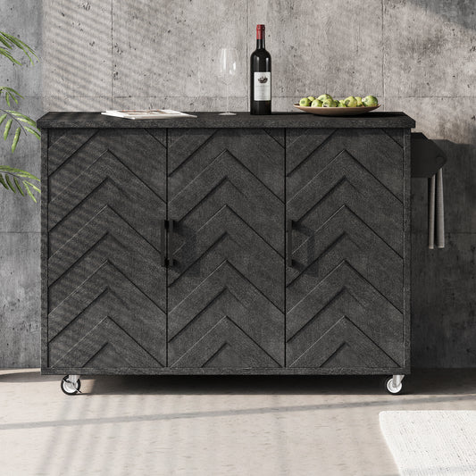 K&K 51.2'W 3D Wave Stripes Ash Veneer (Not Cheap Paper) Kitchen Island with Drop Leaf, Farmhouse Kitchen Island on Wheels with Internal Storage Rack, Rolling Kitchen Cart(Black)