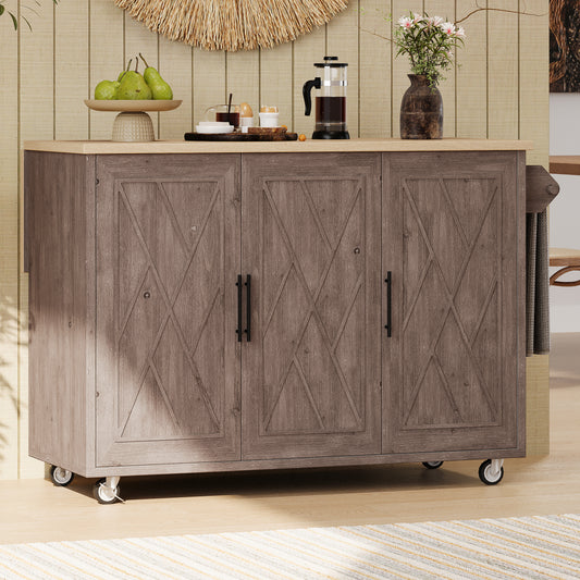 K&K 51.2'W Geometric Twill Stripe Textured Design Kitchen Island with Drop Leaf, Farmhouse Kitchen Island on Wheels with Internal Storage Rack, Rolling Kitchen Cart with Towel Rack for Kitchen, Brown