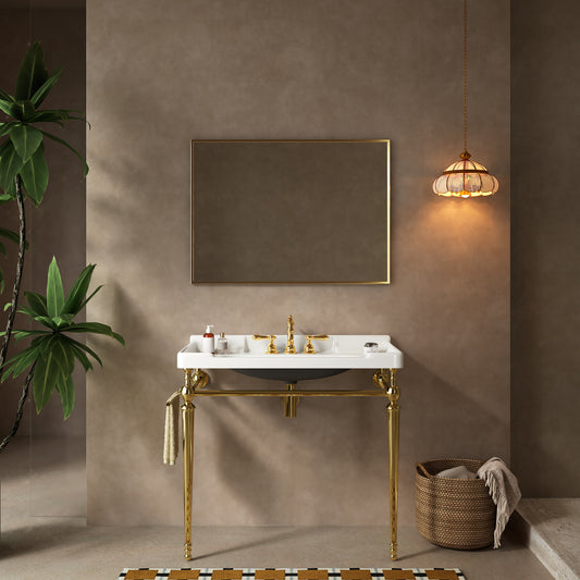 VICI 36' Bathroom Console Sink, Wall-Mounted White Ceramic Vanity Basin with 3 Pre-drilled Faucet Holes, Freestanding Stainless Steel Support Legs with Towel Bar, No Faucet, Gold Color