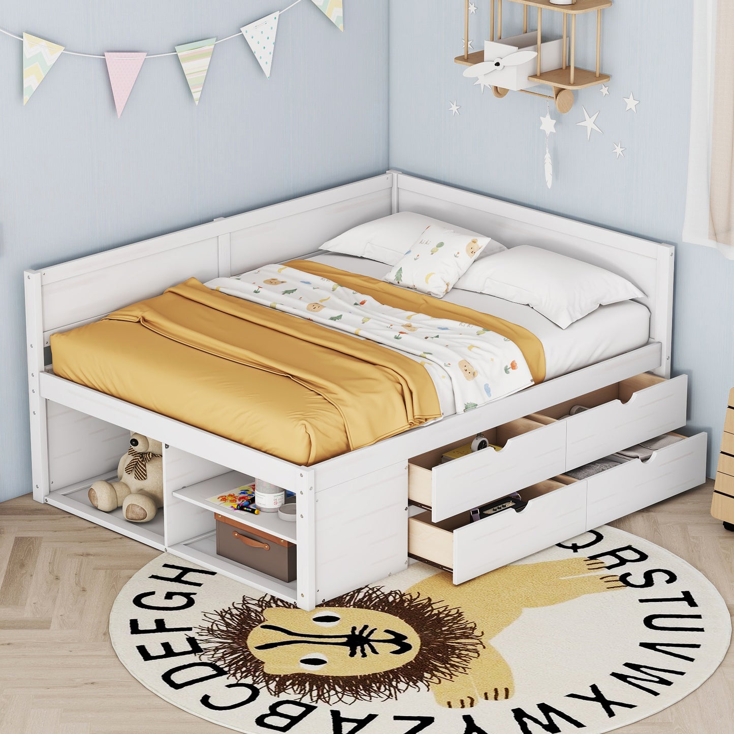 Full Size Daybed with Drawers and Shelves, White