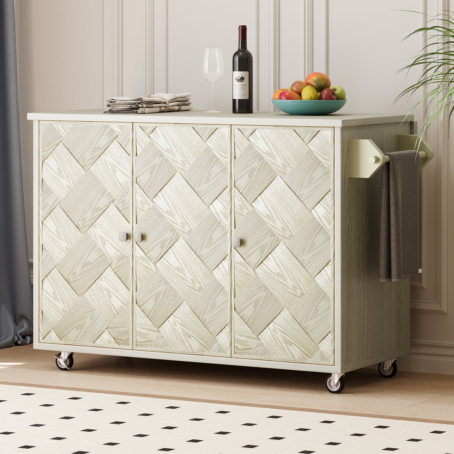 K&K 51.2'W Ash Veneer (Not Cheap Paper) Solid Wood Handwoven Kitchen Island with Drop Leaf, Coastal Kitchen Island on Wheels with Internal Storage Rack, Rolling Kitchen Cart, Champagne