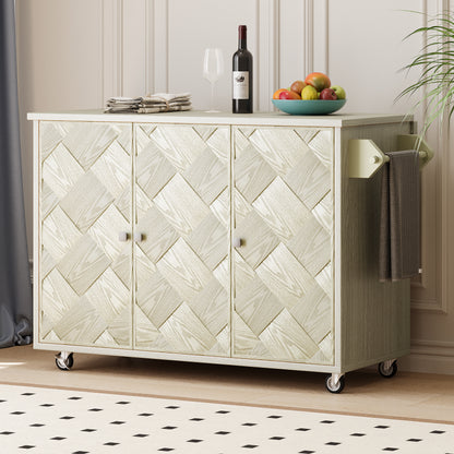 K&K 51.2'W Ash Veneer (Not Cheap Paper) Solid Wood Handwoven Kitchen Island with Drop Leaf, Coastal Kitchen Island on Wheels with Internal Storage Rack, Rolling Kitchen Cart, Champagne