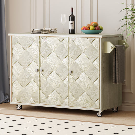 K&K 51.2'W Ash Veneer (Not Cheap Paper) Solid Wood Handwoven Kitchen Island with Drop Leaf, Coastal Kitchen Island on Wheels with Internal Storage Rack, Rolling Kitchen Cart, Champagne