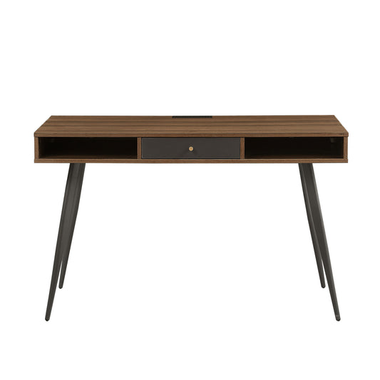Mid Century Desk with USB Ports and Power Outlet, Modern Writing Study Desk with Drawers, Multifunctional Home Office Computer Desk Walnut