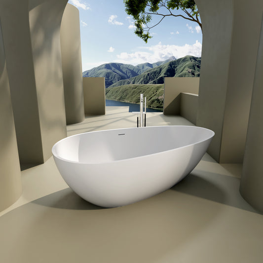 67' Freestanding Solid Surface Bathtub, Luxury Engineered Stone Resin Freestanding Soaking Bathtub with Overflow and Pop-up Drain cUPC Certified, Matte White 22S02-67