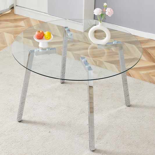 Modern Luxurious Round Tempered Glass Dining Table with silver 7-Shaped Metal Legs,suitable for family meals, office conferences, or as a casual coffee table for various occasions.47.3*47.3*29.5