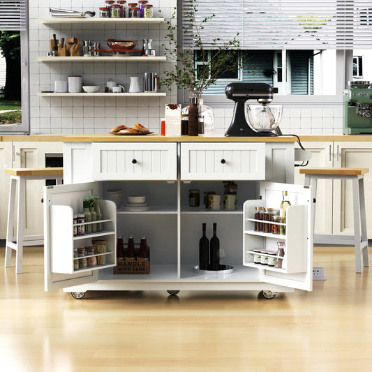 K&K 48inch Large Kitchen Island with 2 Bar Stools, Power Outlet, Door Internal Storage Rack, Kitchen Storage Cart on 5 Wheels with Drop Leaf, 5 Open Side Racks, 2 Drawers,for Kitchen,Dining Room,White