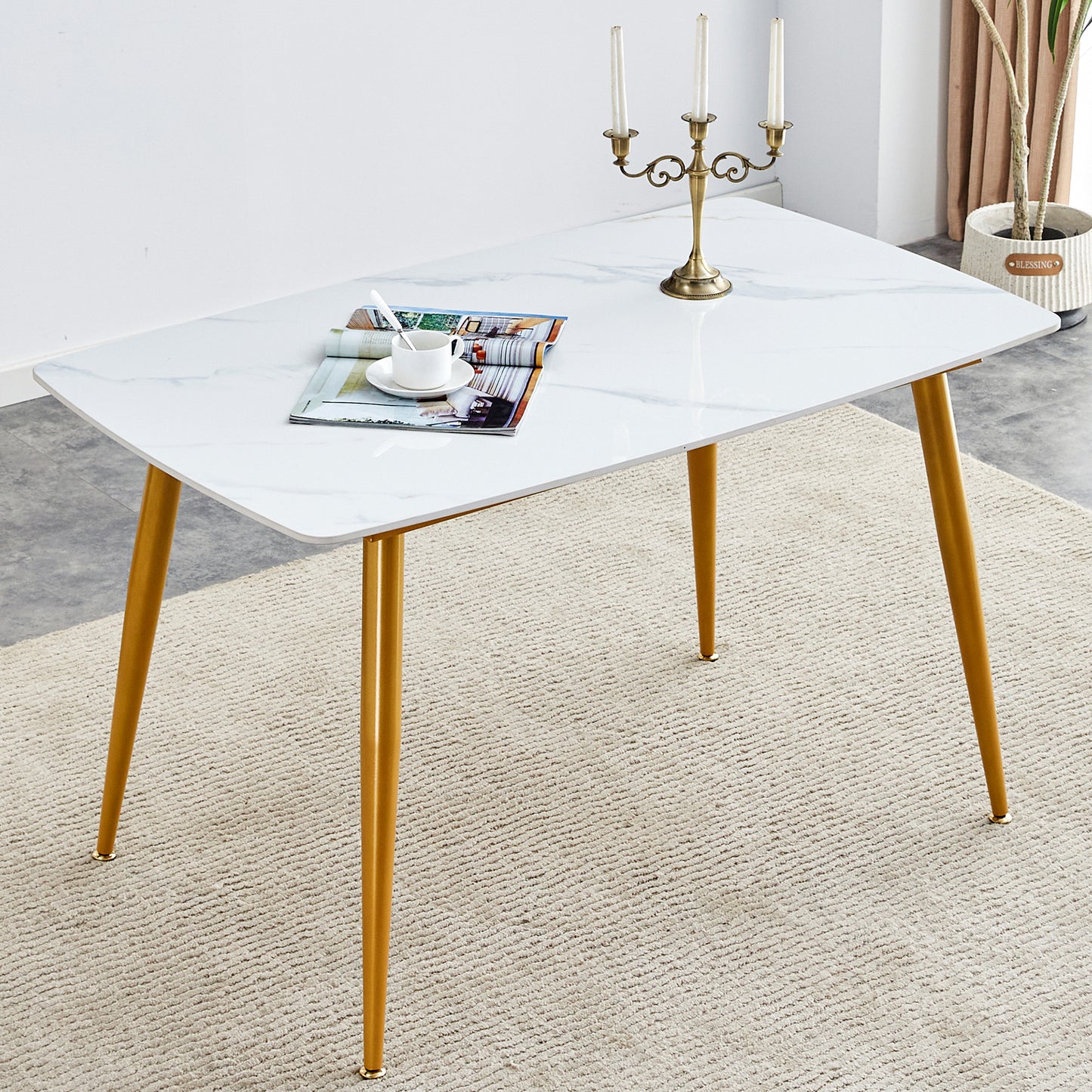 Modern minimalist dining table. White imitation marble patterned stone burning tabletop with golden metal legs. 50 '* 30' * 30 'F-001