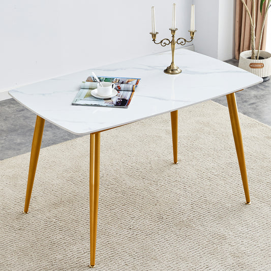 Modern minimalist dining table. White imitation marble patterned stone burning tabletop with golden metal legs. 50 '* 30' * 30 'F-001