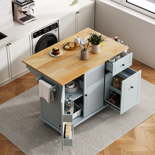 Kitchen Island with Drop Leaf, 53.9' Width Rolling Kitchen Cart on Wheels with Internal Storage Rack and 3 Tier Pull Out Cabinet Organizer, Kitchen Storage Cart with Spice Rack, Towel Rack (Grey Blue)