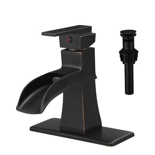 Sink Faucet With Deck Plate Waterfall ORB with Pop Up Drain and Supply Lines Bathroom faucets for Sink 1 Hole One Handle Faucets Vanity Bath Mixer Tap