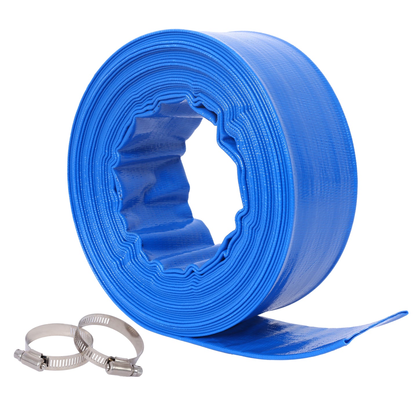1-1/2'(Flat 2.6') widthx 50 FT Pool Backwash Hose, Blue Heavy Duty Reinforced PVC Lay Flat Water Discharge Hose for Swimming Pool Filter Pump,with 2 Clamp