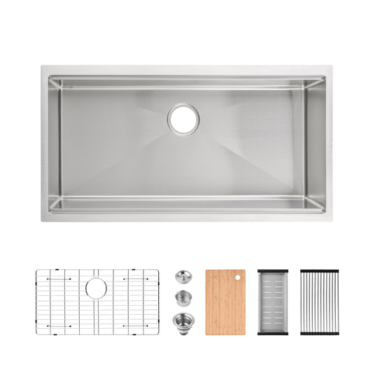 Stainless Steel Kitchen Sink, 36″x19″ Single Bowl, Undermount Handmade Sink in Brushed, with Cutting Board, Colander, Grid