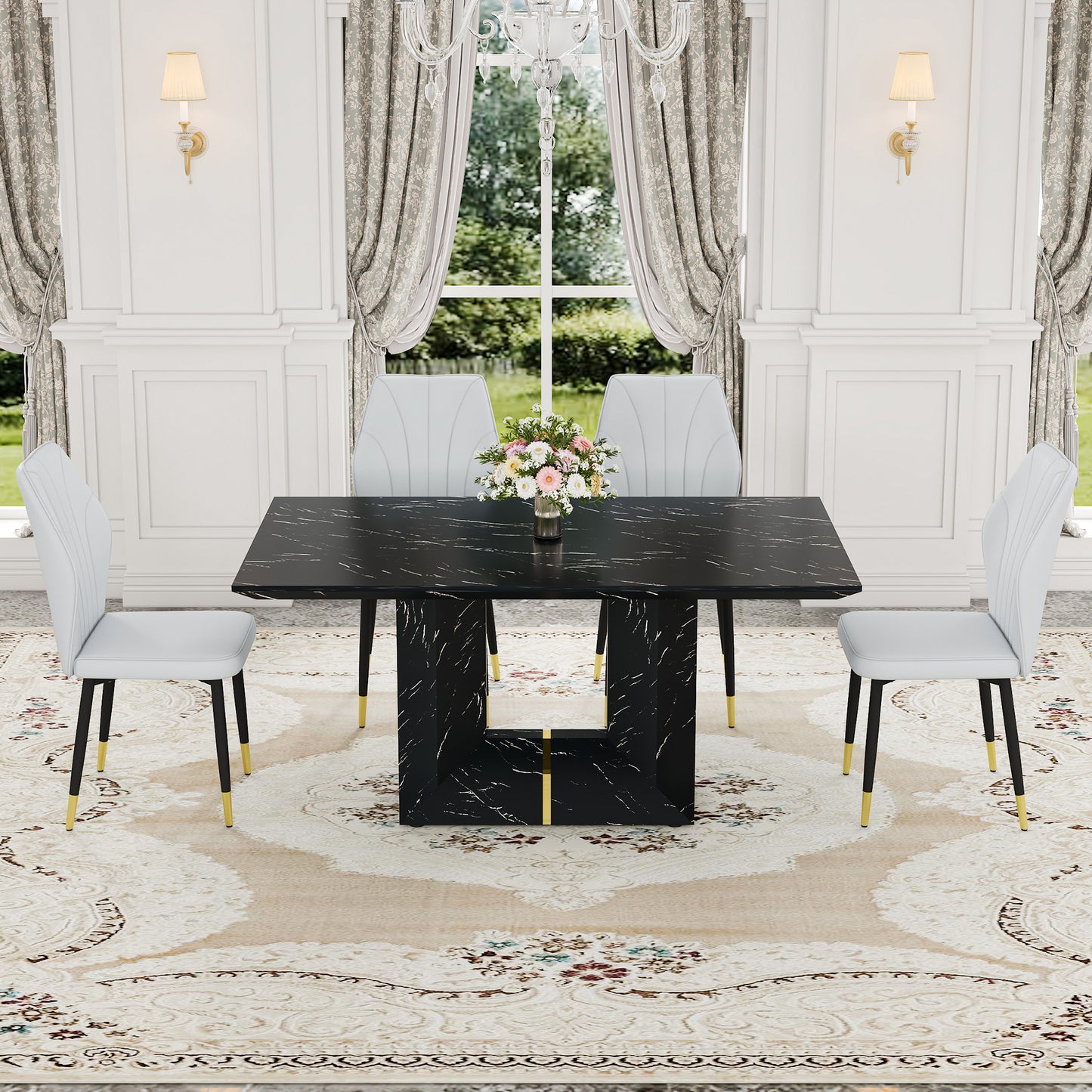 Table and chair set.Black Marble Pattern MDF Dining Set - 63'x35.4' with 4 light gray PU Chairs With a Widened Backrest Design.Giving you a luxurious feel.
