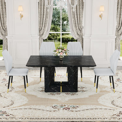 Table and chair set.Black Marble Pattern MDF Dining Set - 63'x35.4' with 4 light gray PU Chairs With a Widened Backrest Design.Giving you a luxurious feel.