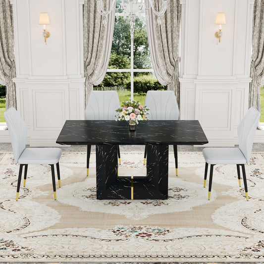 Table and chair set.Black Marble Pattern MDF Dining Set - 63'x35.4' with 4 light gray PU Chairs With a Widened Backrest Design.Giving you a luxurious feel.