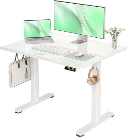 Claiks Glass Standing Desk, Small Electric Standing Desk Adjustable Height, 40 Inch Adjustable Stand Up Desk, Quick Install Home Office Computer Desk, Super White