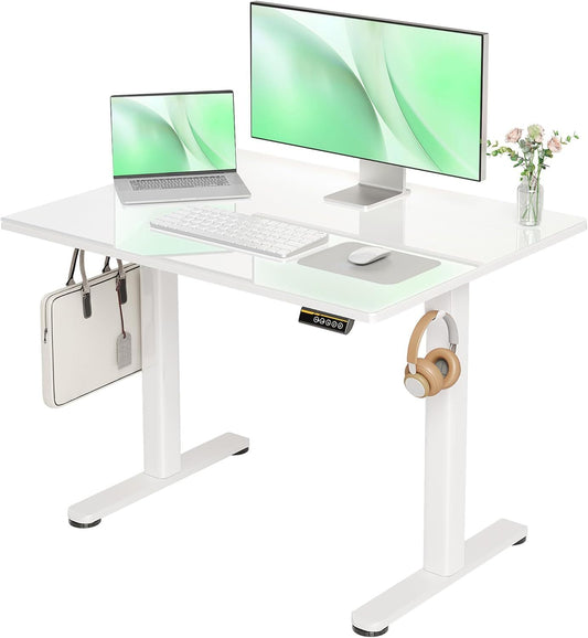 Claiks Glass Standing Desk, Small Electric Standing Desk Adjustable Height, 40 Inch Adjustable Stand Up Desk, Quick Install Home Office Computer Desk, Super White