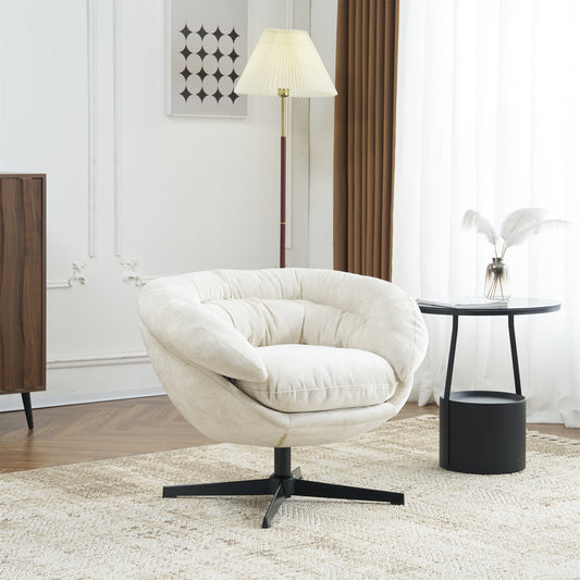 Modern Chenille Office Chair, 360° Swivel Club Chair/Accent Chair with Removable Cushion, Round Office Chair, Black Metal Base, Cotton Material, Living Room, Bedroom, Reading Corner, Office (Beige)