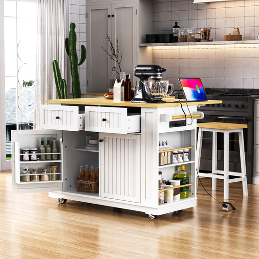 K&K 48 inch Large Kitchen Island with Drop Leaf,Power Outlet,Internal Storage Rack,Rolling Kitchen Storage Cart on 5 Wheels with 5 Open Side Racks for Kitchen,Dining Room,White (Not include Stools)
