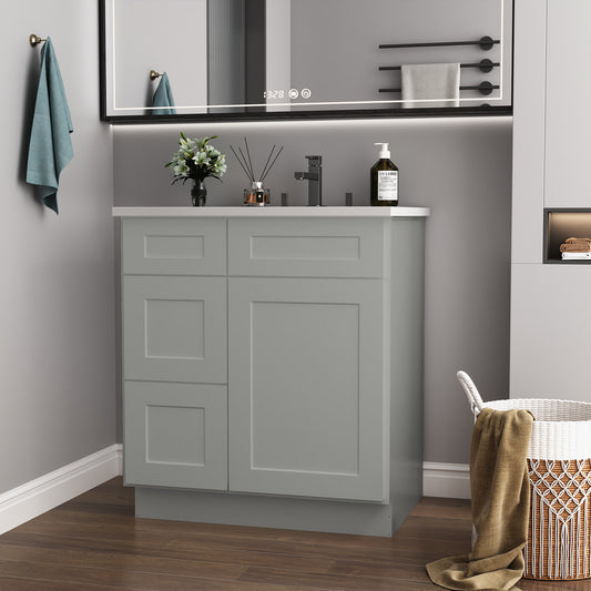 30 in. W x 21 in. D x 34.5 in. H in Shaker Grey Plywood Ready to Assemble Floor Vanity Sink Base Kitchen Cabinet with Left Door