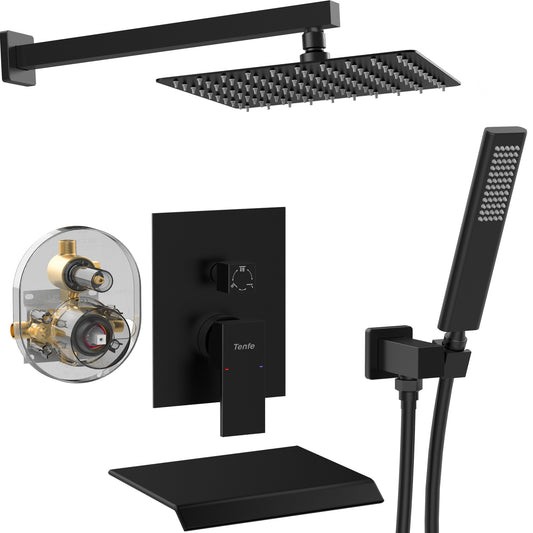 Male NPT Shower Faucet Set, Waterfall Shower System for Bathroom, High Pressure 10' Rain Shower Head and Handheld Shower Spray, Wall Mount Tub Faucet Shower Valve with Trim and Diverter, Matte Black