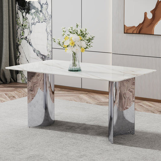 Modern minimalist dining table. White imitation marble glass sticker desktop, stainless steel legs, stable and beautiful. Suitable for living room and dining room  63' *35.4' *29.5'   DT-69