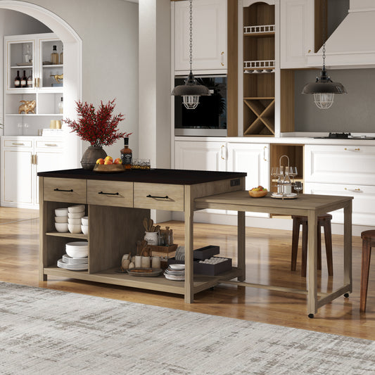 TREXM Extendable Kitchen Island with Storage, Multi-Functional Kitchen Cart with Built-In Power Outlets, Retro Kitchen Island on Wheels with Drawers and Open Shelves for Kitchen (Espresso+Natural)