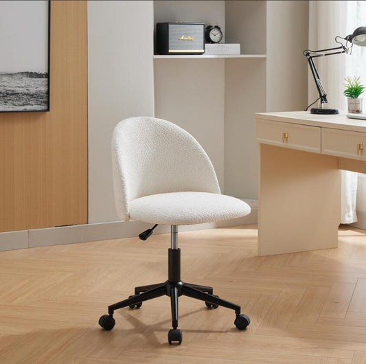 White Boucle office chair Desk Chair, Mid-Back Adjustable Swivel Computer Chair with Black Legs , Modern Upholstered Desk Chair with Wheels
