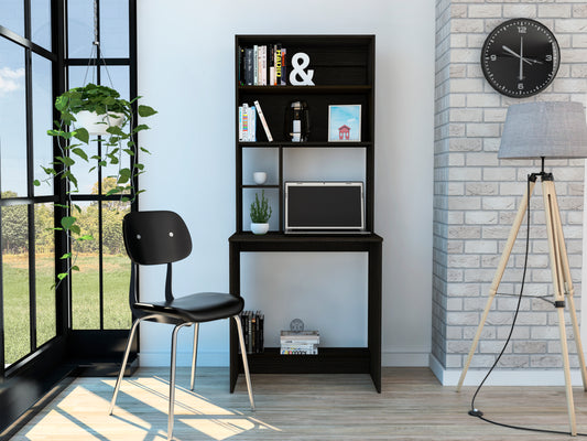 Compu Hutch Desk, Four Shelves, Writing Desk, One Lower Shelf -Black
