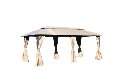 Gazebo 10x20FT, Outdoor Gazebo with Double Roofs, Privacy Curtains, Mosquito Nettings, Heavy Duty Metal Frame Party Tent Canopy for Patio, Backyard, Deck, Lawn, Brown
