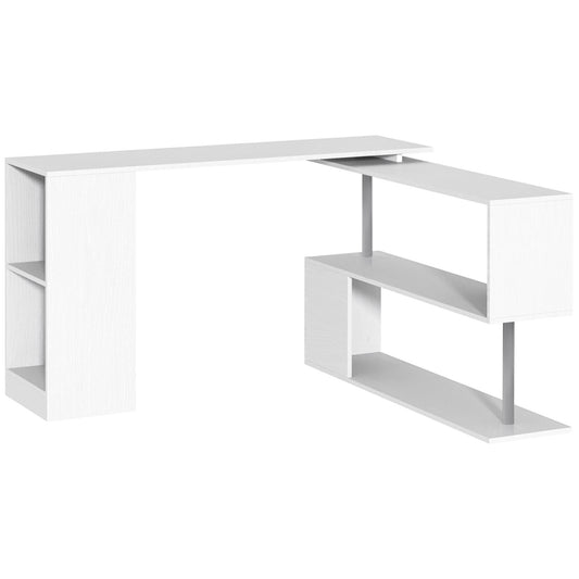 55' 360° Rotating Corner Computer Desk Modern L-Shaped Home Office Workstation with 3-Tier Storage Shelves, Bookshelf, White