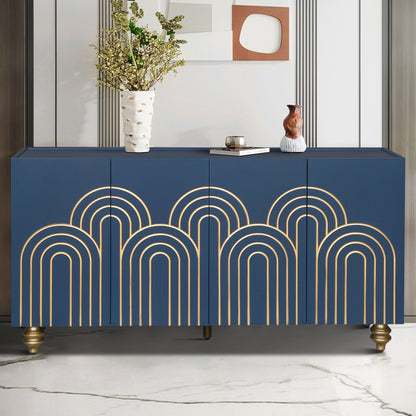 Modern Fluted Sideboard Buffet with Storage, Curve Element with Strict Lines, 4 Doors Storage Cabinet with Adjustable Shelves for Kitchen, Dining Room, Living Room (Navy Blue)