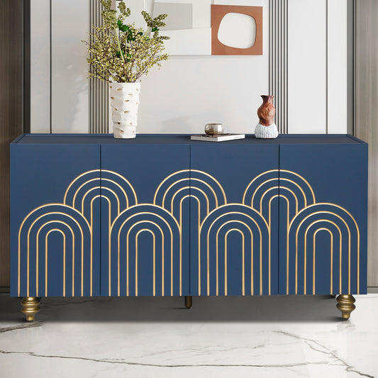 Modern Fluted Sideboard Buffet with Storage, Curve Element with Strict Lines, 4 Doors Storage Cabinet with Adjustable Shelves for Kitchen, Dining Room, Living Room (Navy Blue)