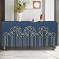 Modern Fluted Sideboard Buffet with Storage, Curve Element with Strict Lines, 4 Doors Storage Cabinet with Adjustable Shelves for Kitchen, Dining Room, Living Room (Navy Blue)