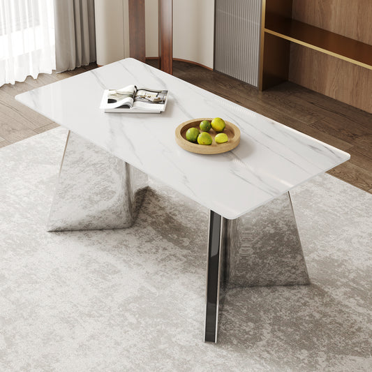63'x31.5x30' Luxurious Snow Mountain Stone Sintered Stone Dining Table with Silver Stainless Steel Butterfly Legs.The tabletop is designed to be scratch and heat resistant.