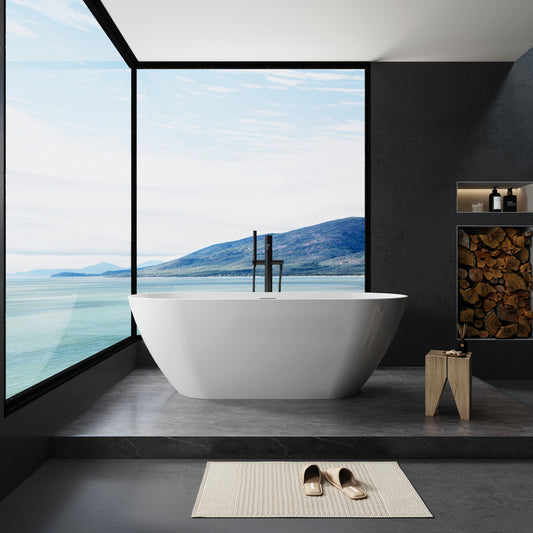 63' Shiny White Acrylic Freestanding Soaking Bathtub with Chrome Overflow and Drain, cUPC Certified - 63*28.8 22A09-63