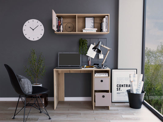 Khali 2-Pc Office Set, Two Shelves, Two Drawers, Wall Cabinet, Single Door Cabinet, -Light Oak / Taupe
